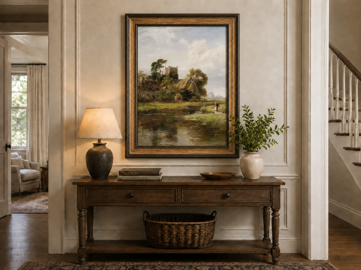 Peinture à l'huile de paysage - Rivière printanière avec pêcheur et arbres