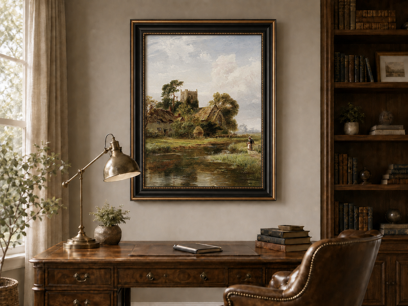 Peinture à l'huile de paysage - Rivière printanière avec pêcheur et arbres