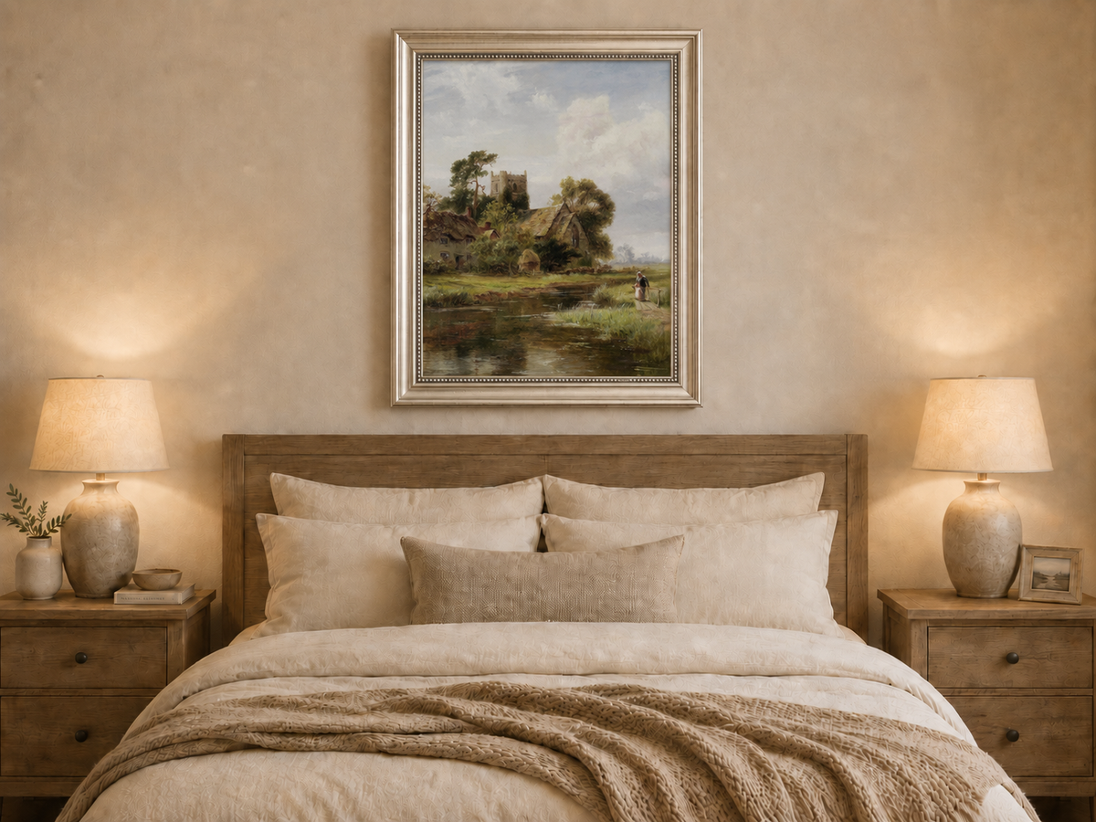 Peinture à l'huile de paysage - Rivière printanière avec pêcheur et arbres