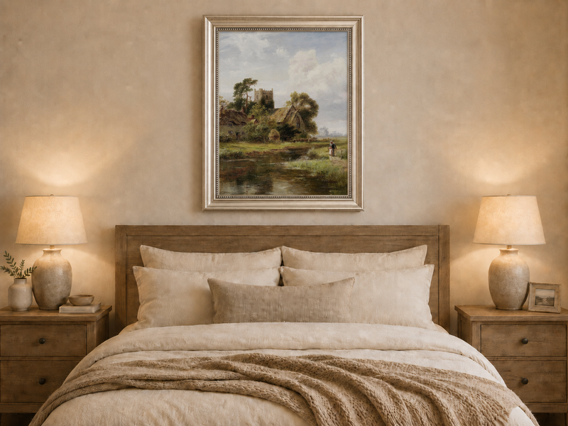 Peinture à l'huile de paysage - Rivière printanière avec pêcheur et arbres
