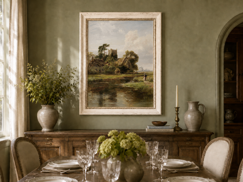 Peinture à l'huile de paysage - Rivière printanière avec pêcheur et arbres