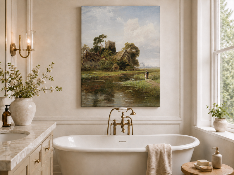 Peinture à l'huile de paysage - Rivière printanière avec pêcheur et arbres