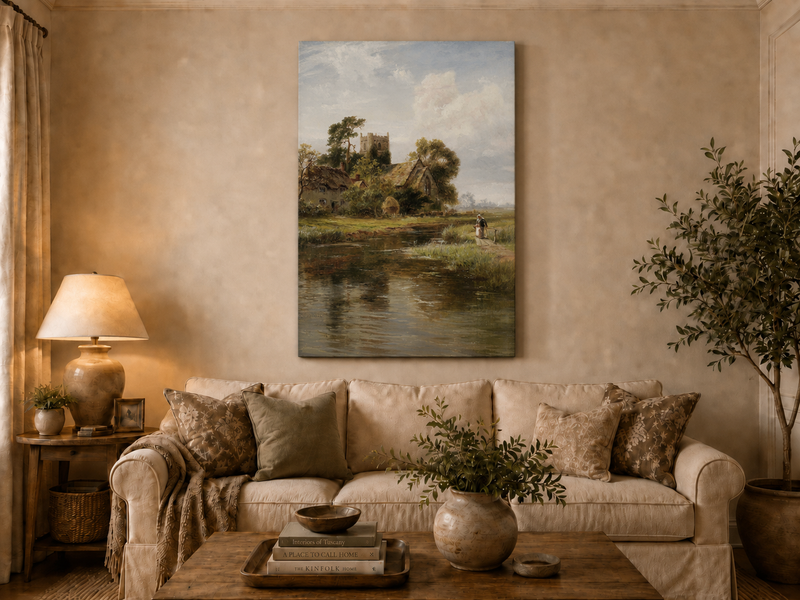 Peinture à l'huile de paysage - Rivière printanière avec pêcheur et arbres