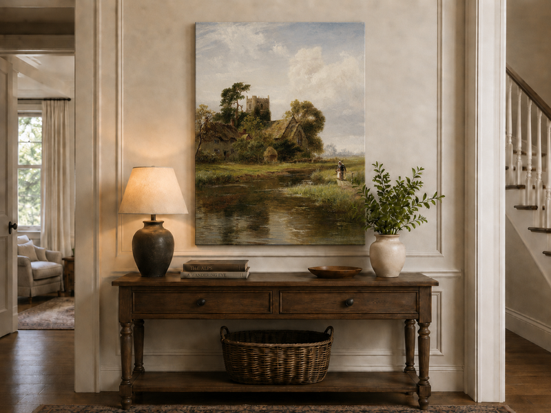 Peinture à l'huile de paysage - Rivière printanière avec pêcheur et arbres