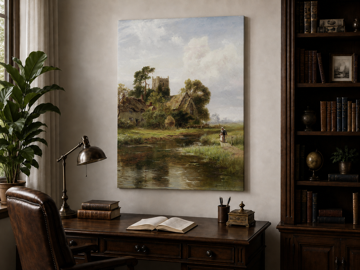 Peinture à l'huile de paysage - Rivière printanière avec pêcheur et arbres