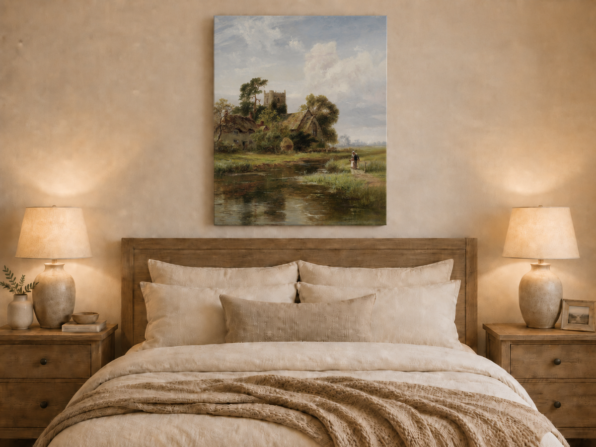 Peinture à l'huile de paysage - Rivière printanière avec pêcheur et arbres