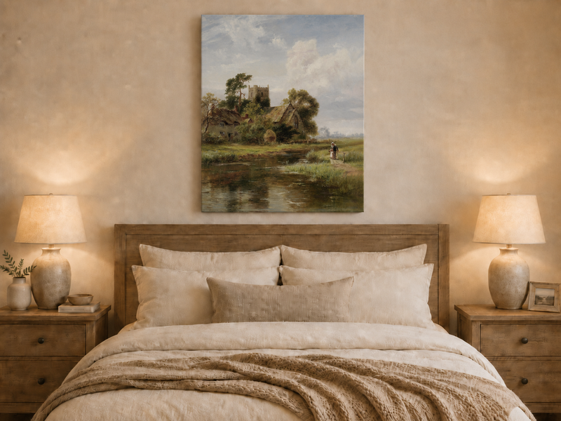Peinture à l'huile de paysage - Rivière printanière avec pêcheur et arbres