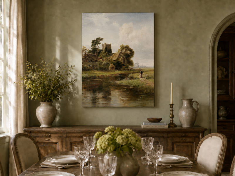 Peinture à l'huile de paysage - Rivière printanière avec pêcheur et arbres
