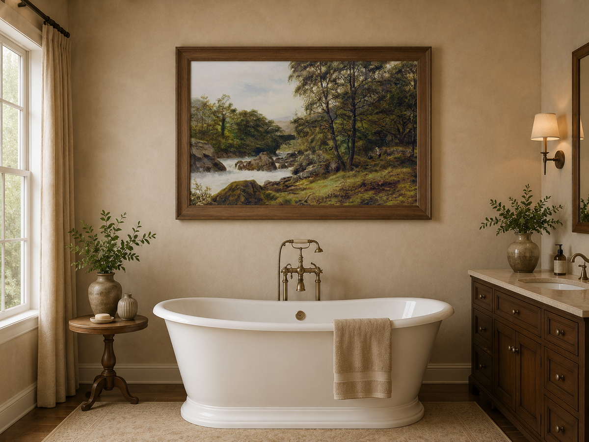 Landscape Oil Painting - Woodland stream scene & tumbling waters
