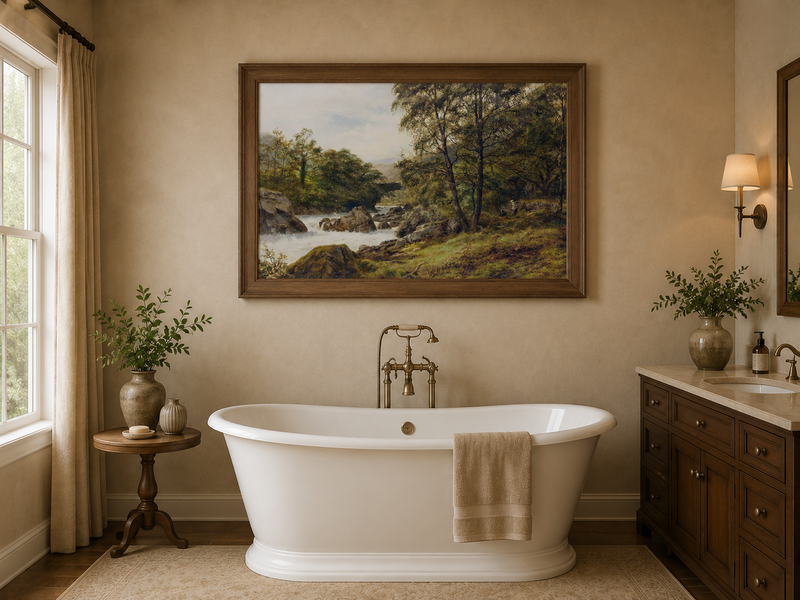 Landscape Oil Painting - Woodland stream scene & tumbling waters