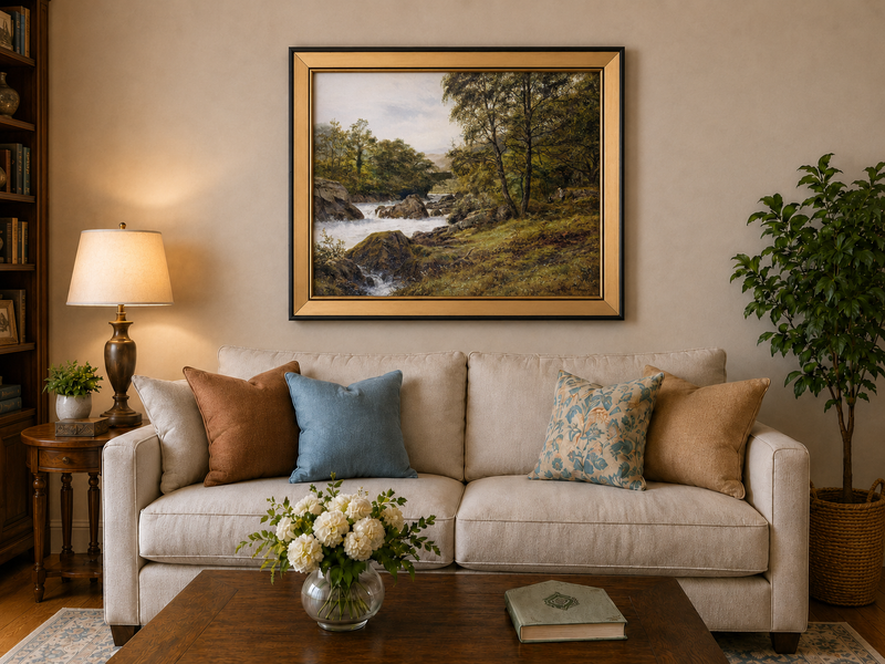 Landscape Oil Painting - Woodland stream scene & tumbling waters