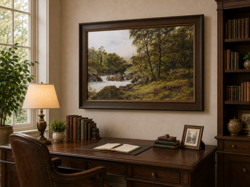 Landscape Oil Painting - Woodland stream scene & tumbling waters