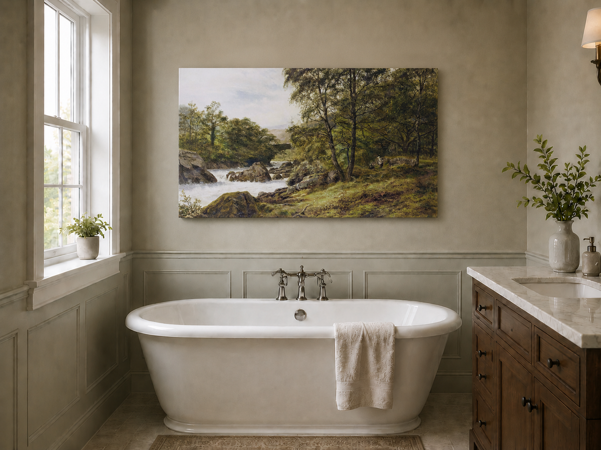 Landscape Oil Painting - Woodland stream scene & tumbling waters