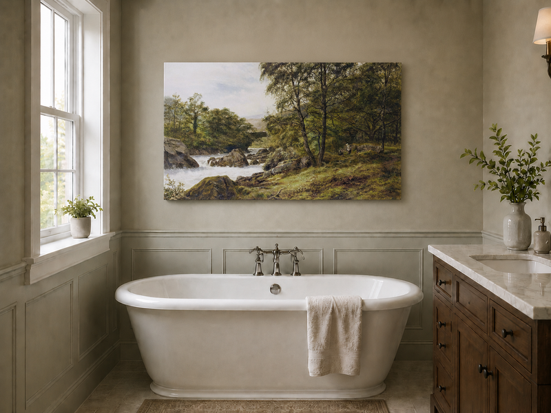 Landscape Oil Painting - Woodland stream scene & tumbling waters