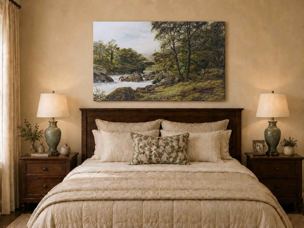 Landscape Oil Painting - Woodland stream scene & tumbling waters