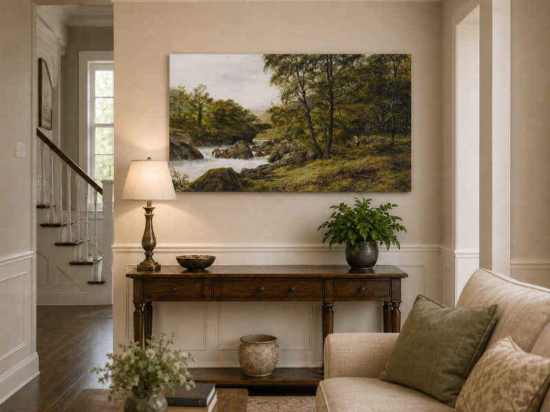 Landscape Oil Painting - Woodland stream scene & tumbling waters