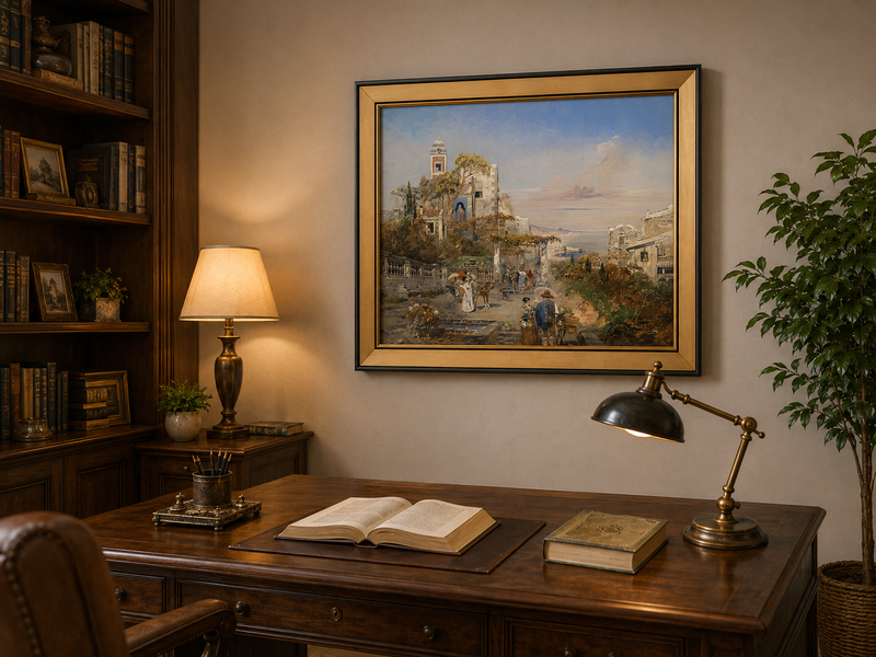 Landscape Oil Painting - Mediterranean Coastal Hill Town