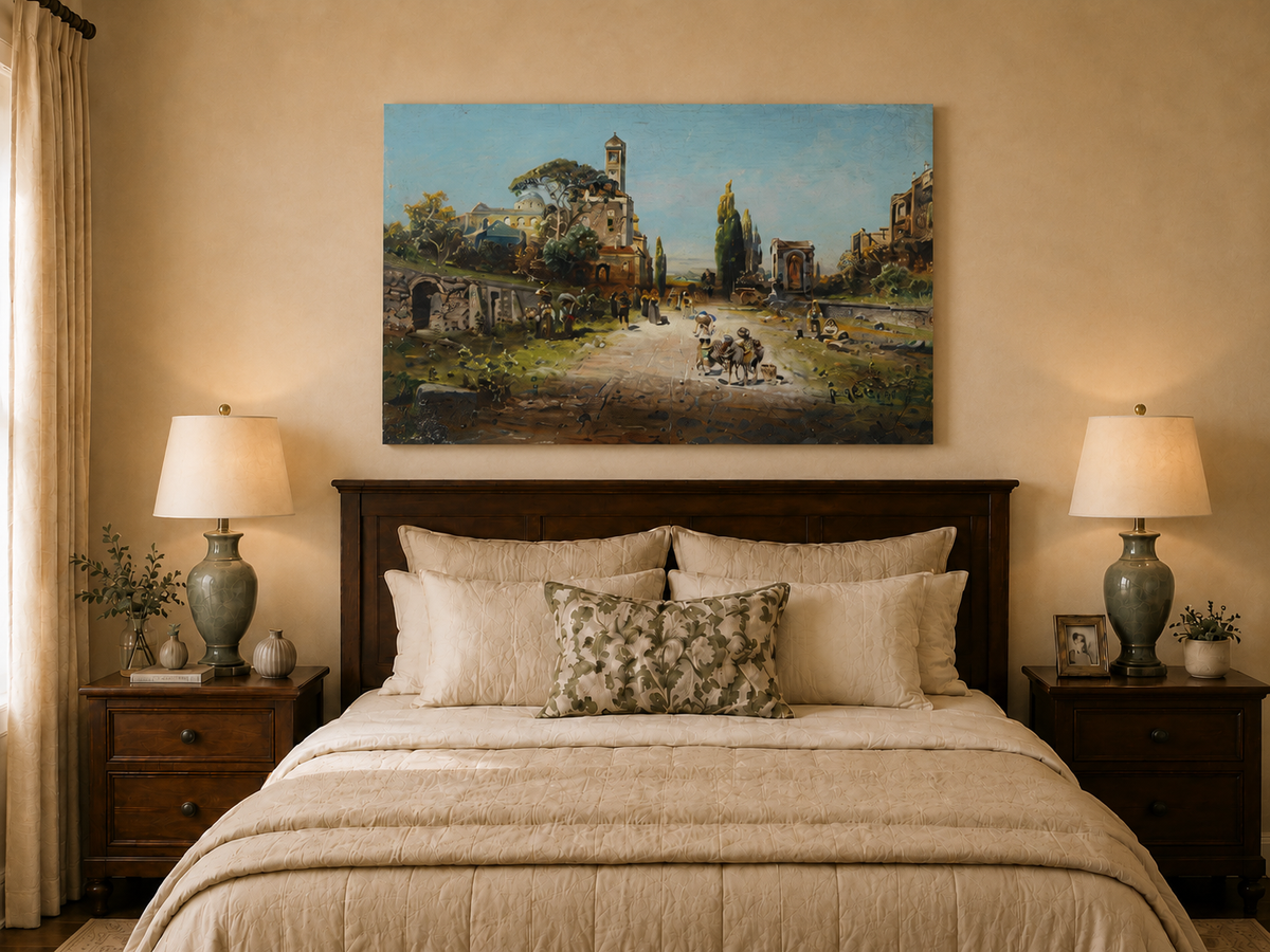 Landscape Oil Painting - Italian Town Street: Historic Buildings