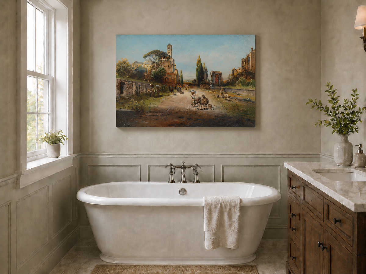 Landscape Oil Painting - Italian Town Street: Historic Buildings