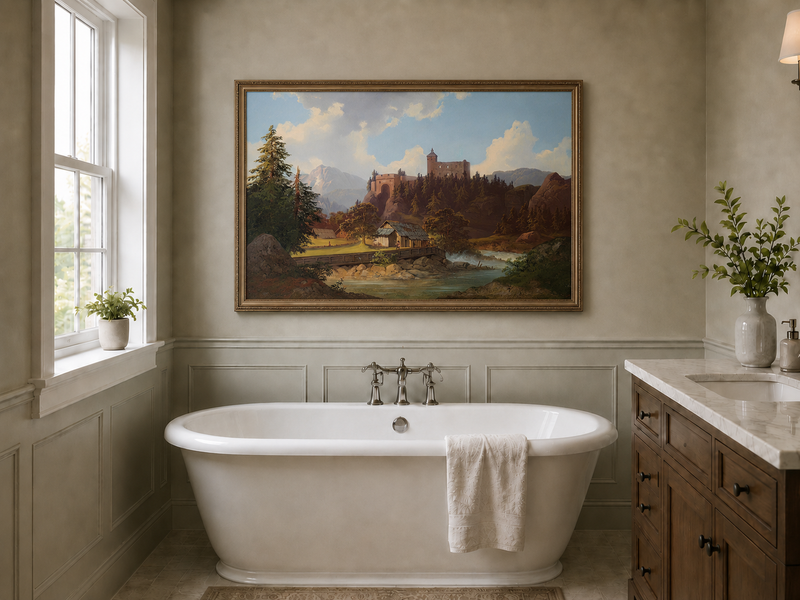 Peinture à l'huile de paysage - Château de montagne surplombant la rivière et la cabane
