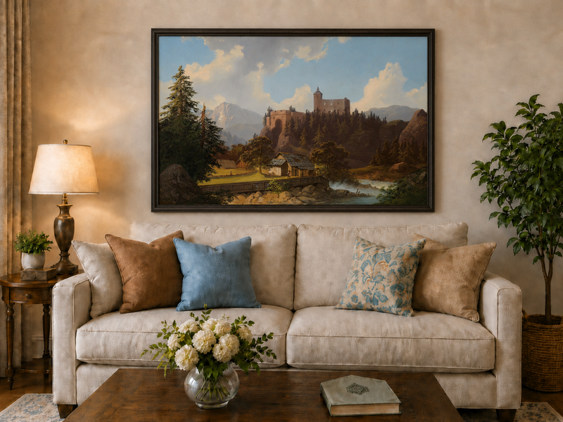 Peinture à l'huile de paysage - Château de montagne surplombant la rivière et la cabane