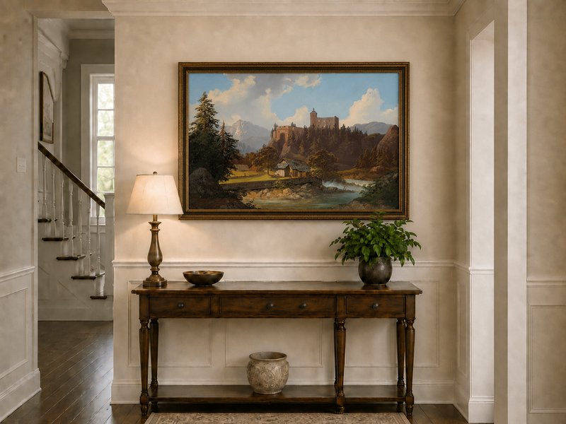 Peinture à l'huile de paysage - Château de montagne surplombant la rivière et la cabane