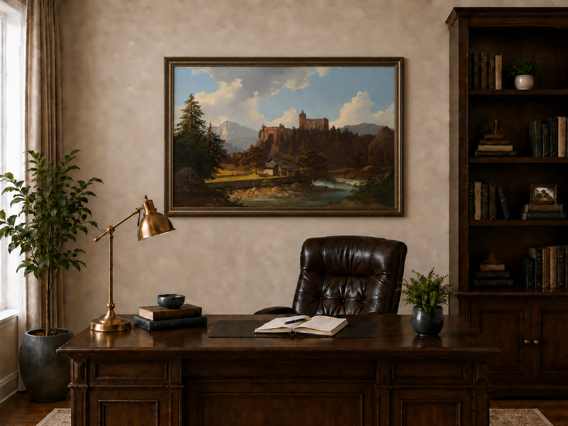 Peinture à l'huile de paysage - Château de montagne surplombant la rivière et la cabane