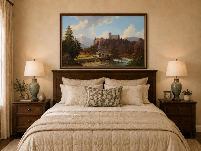 Peinture à l'huile de paysage - Château de montagne surplombant la rivière et la cabane