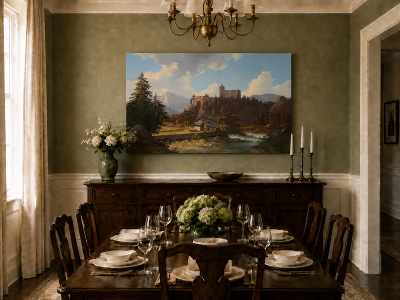 Peinture à l'huile de paysage - Château de montagne surplombant la rivière et la cabane
