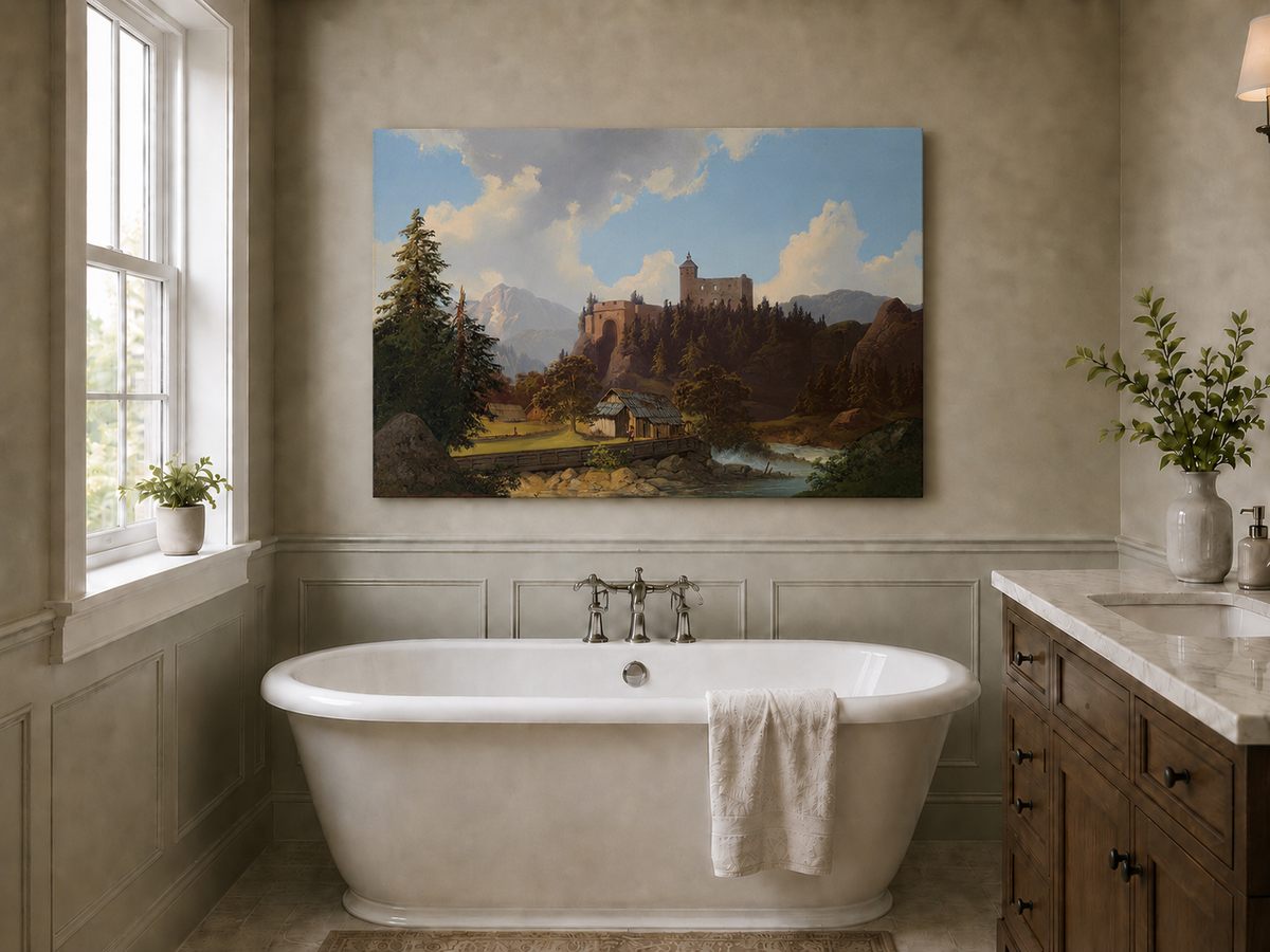 Peinture à l'huile de paysage - Château de montagne surplombant la rivière et la cabane