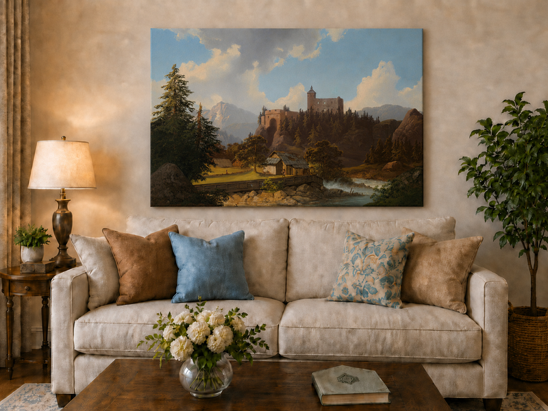 Peinture à l'huile de paysage - Château de montagne surplombant la rivière et la cabane