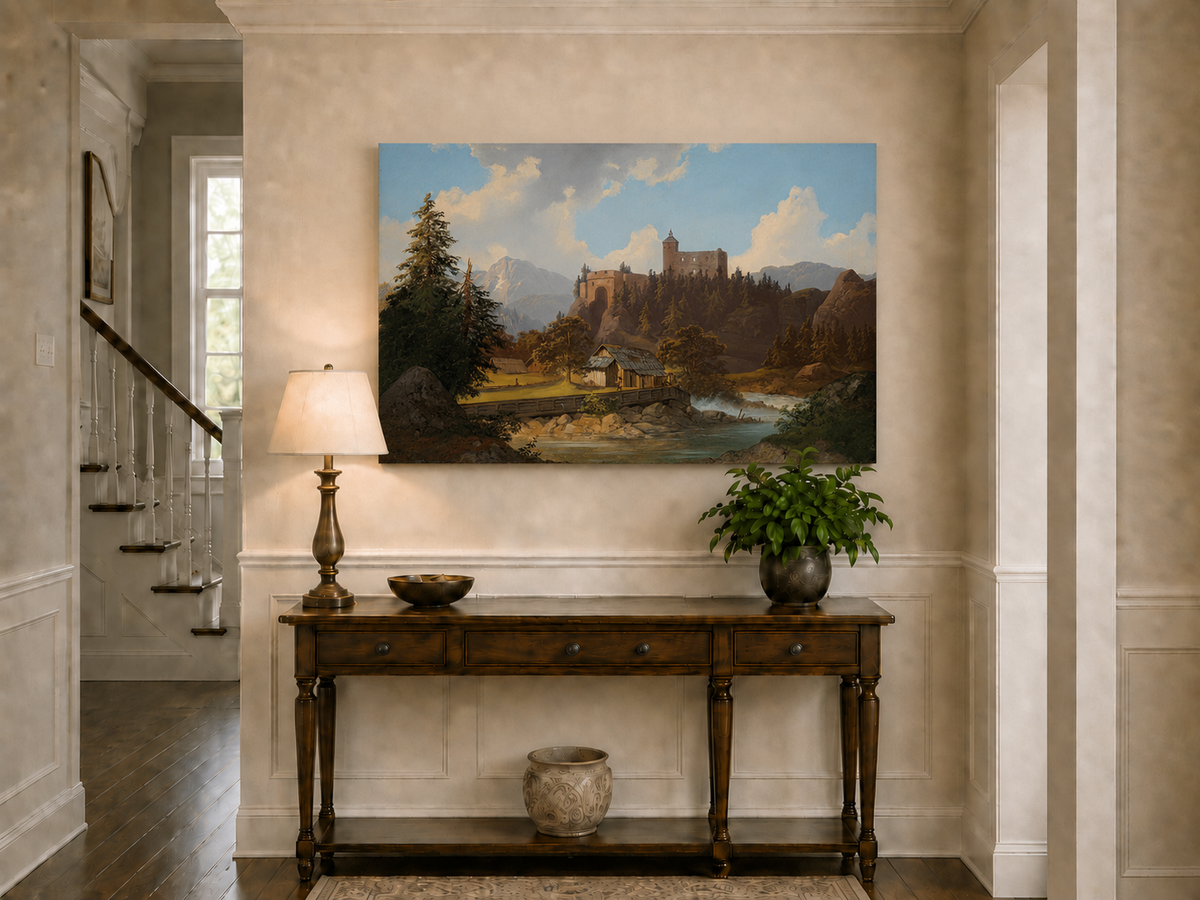 Peinture à l'huile de paysage - Château de montagne surplombant la rivière et la cabane