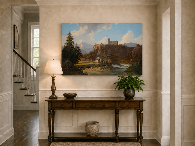 Peinture à l'huile de paysage - Château de montagne surplombant la rivière et la cabane
