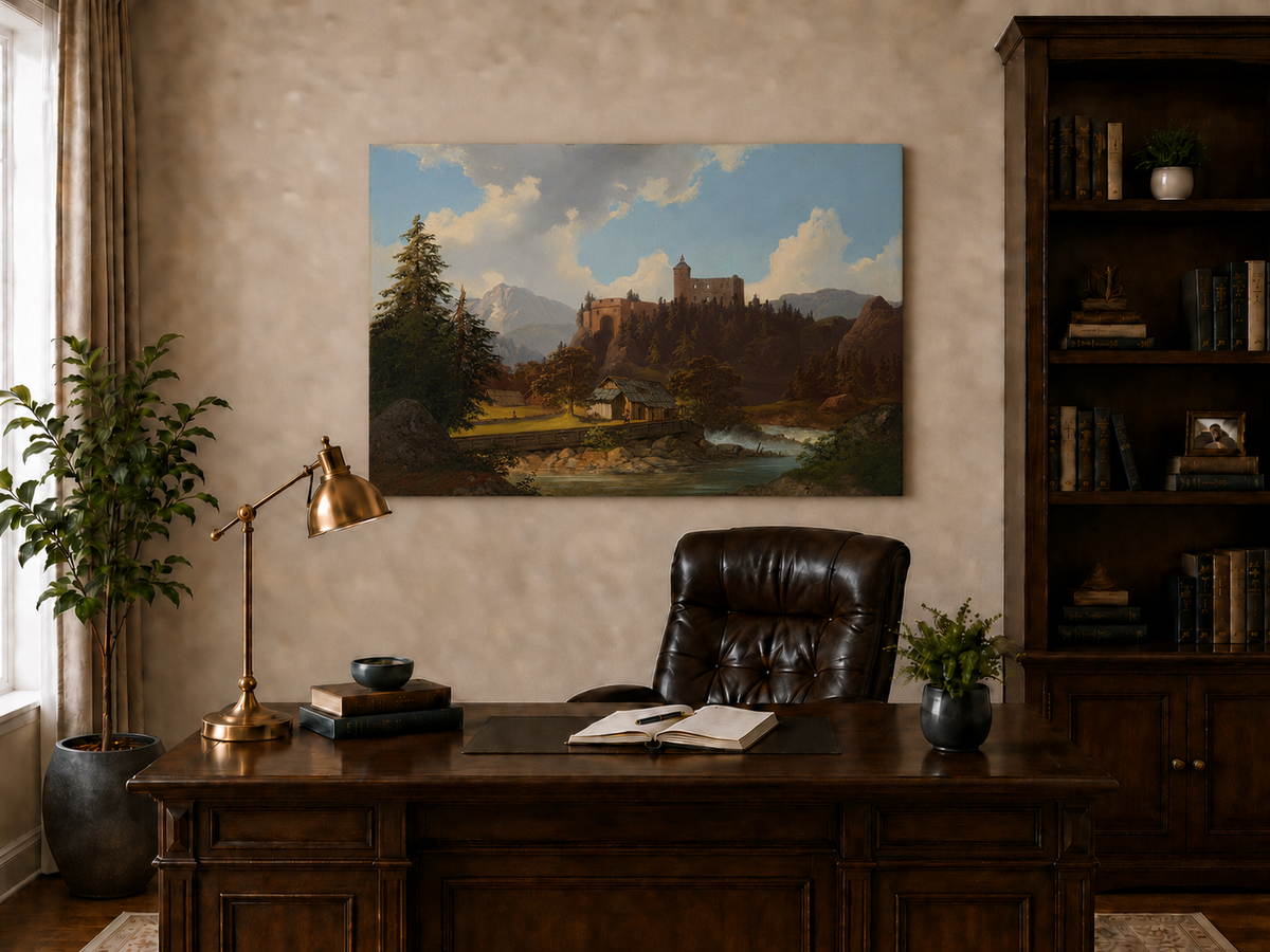 Peinture à l'huile de paysage - Château de montagne surplombant la rivière et la cabane