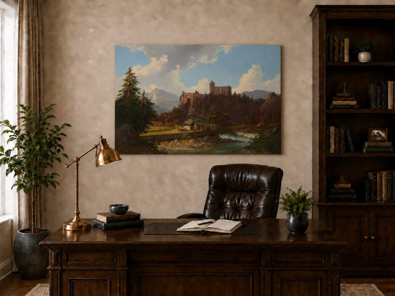 Peinture à l'huile de paysage - Château de montagne surplombant la rivière et la cabane