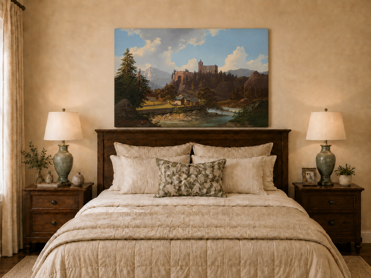 Peinture à l'huile de paysage - Château de montagne surplombant la rivière et la cabane