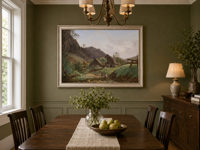 Landscape Oil Painting - Mountain Valley Cabin & Stream