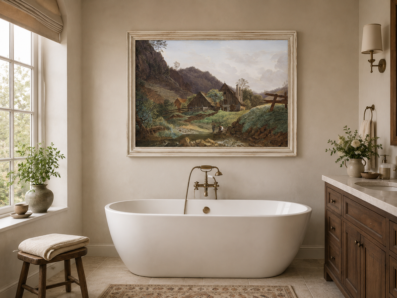 Landscape Oil Painting - Mountain Valley Cabin & Stream