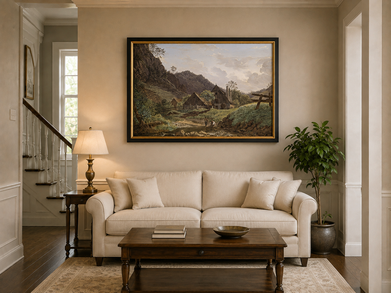 Landscape Oil Painting - Mountain Valley Cabin & Stream