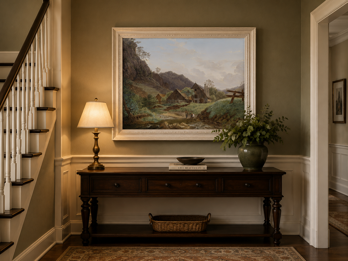 Landscape Oil Painting - Mountain Valley Cabin & Stream