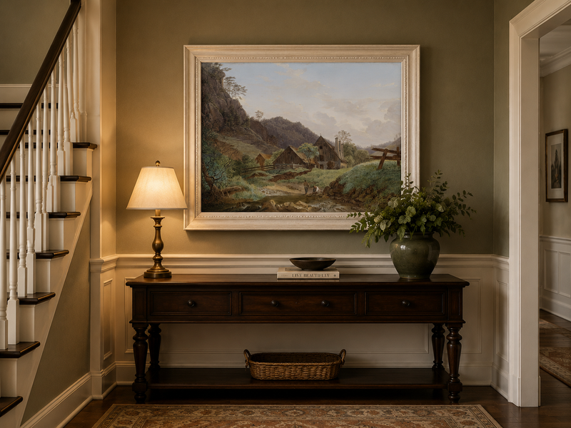 Landscape Oil Painting - Mountain Valley Cabin & Stream