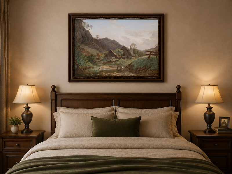 Landscape Oil Painting - Mountain Valley Cabin & Stream