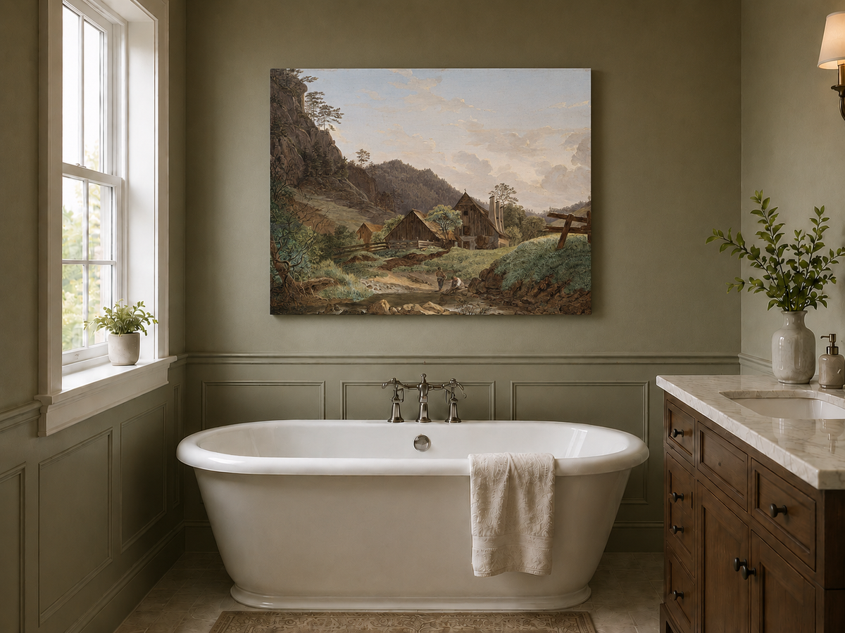 Landscape Oil Painting - Mountain Valley Cabin & Stream