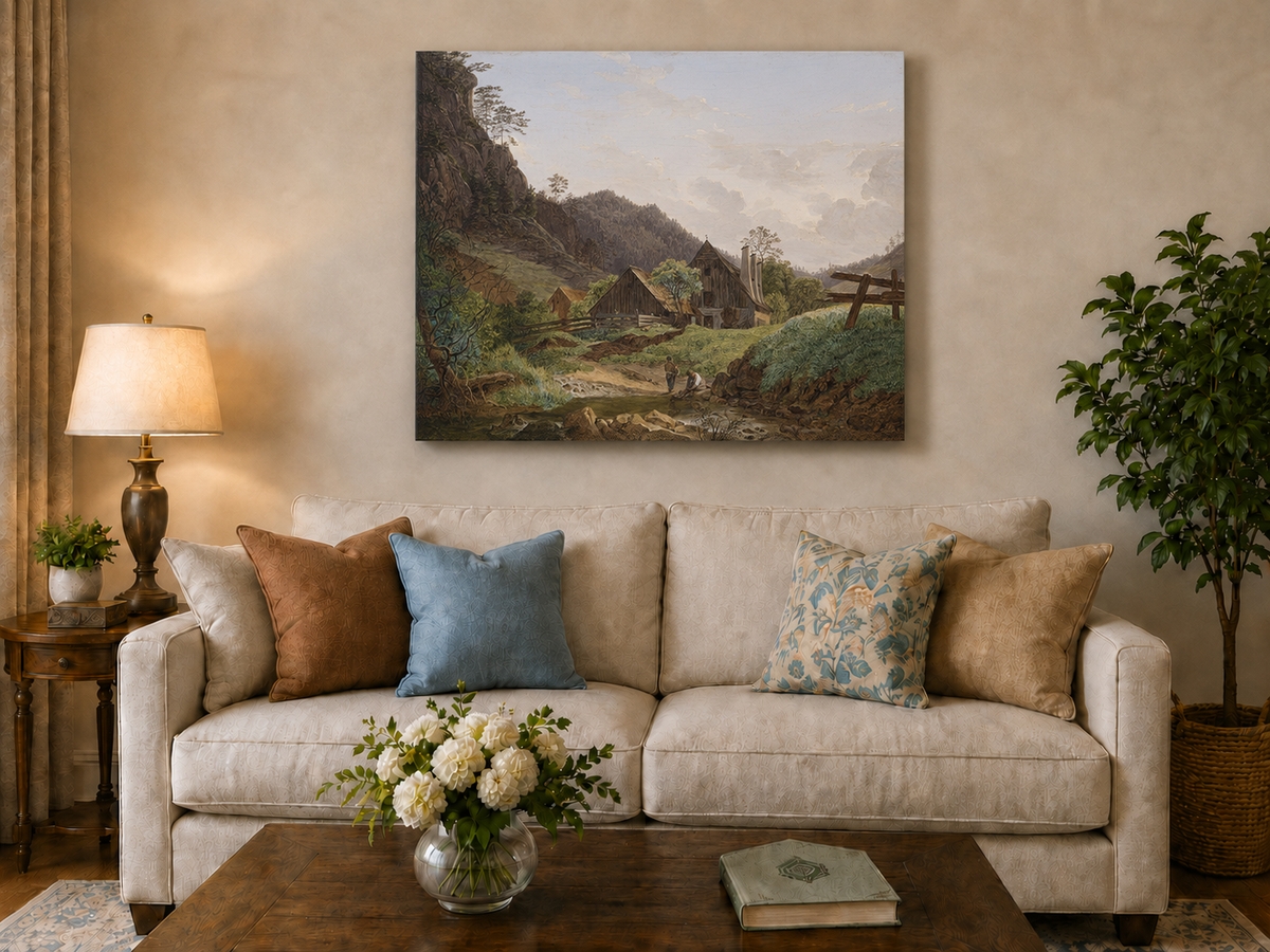 Landscape Oil Painting - Mountain Valley Cabin & Stream