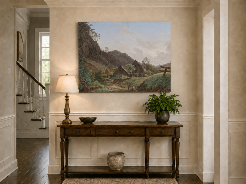 Landscape Oil Painting - Mountain Valley Cabin & Stream