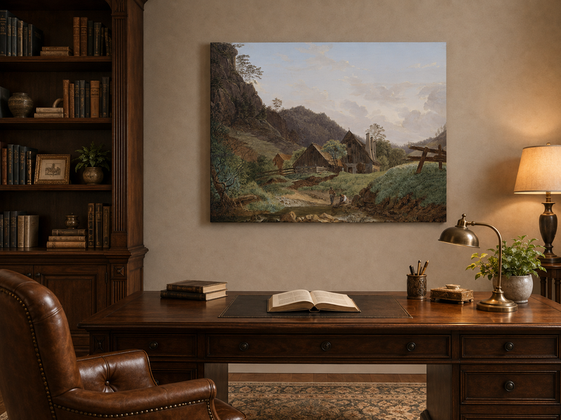 Landscape Oil Painting - Mountain Valley Cabin & Stream