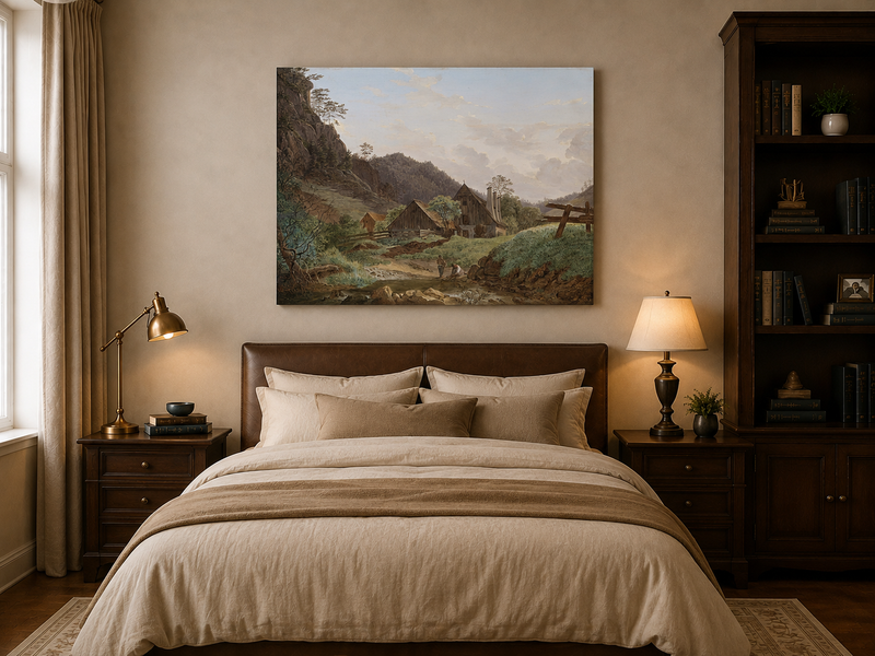 Landscape Oil Painting - Mountain Valley Cabin & Stream