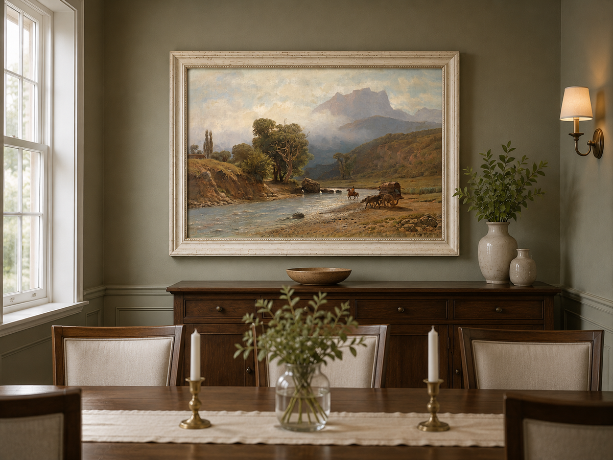 Landscape Oil Painting - River, Cart, Horses, Wooded Banks