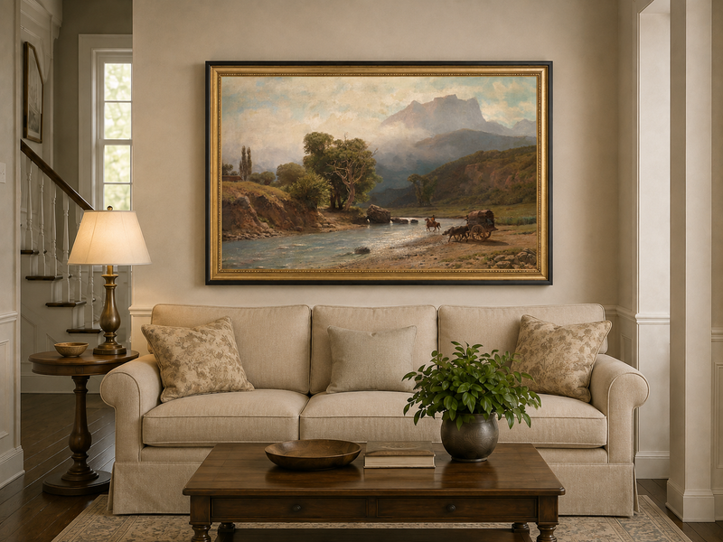 Landscape Oil Painting - River, Cart, Horses, Wooded Banks
