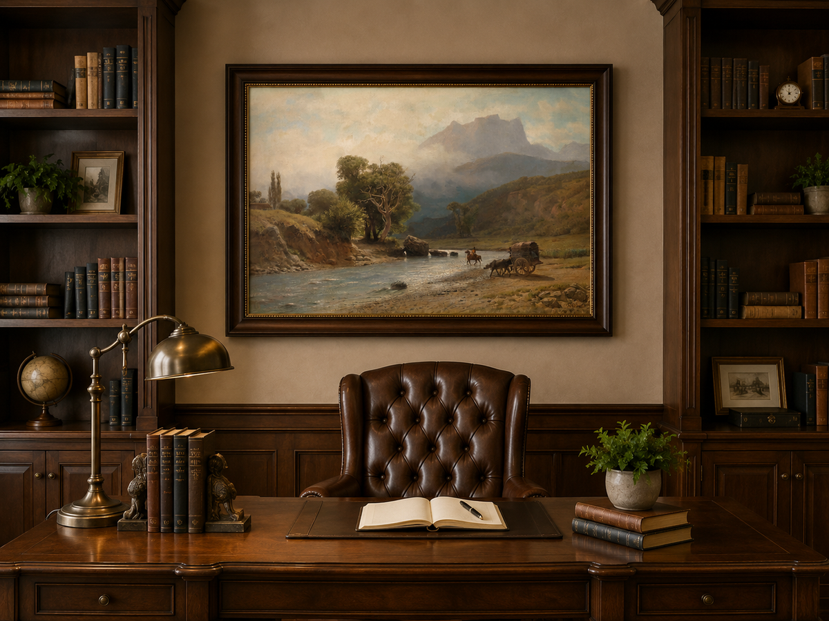 Landscape Oil Painting - River, Cart, Horses, Wooded Banks